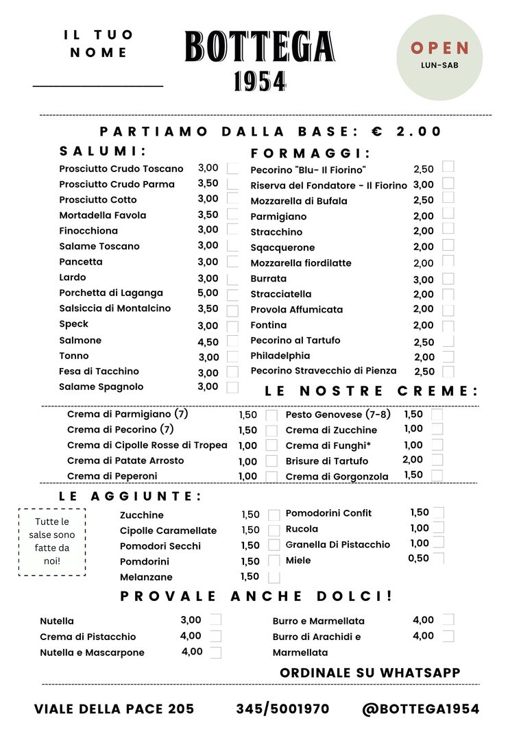 La scheda di Bottega 1954 per comporre la propria focaccia, con salumi, formaggi, creme e aggiunte